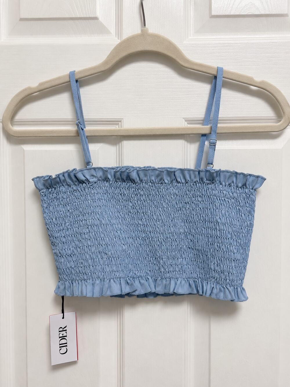 CIDER Blue Smocked Ruffle Crop Top Size Small NWT